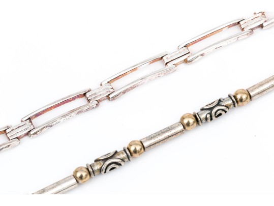 Sterling Silver Pair Of Open Link And Tube Style Bracelets