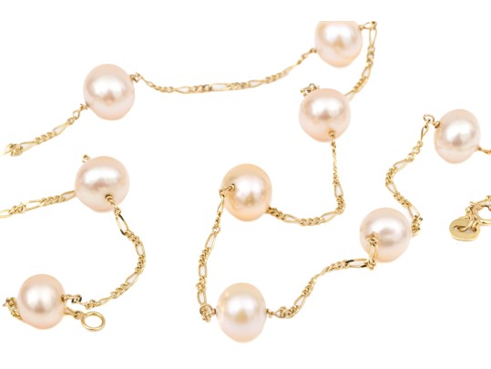 14k Yellow Gold Striking Champagne Cultured Freshwater Pearl Station Necklace
