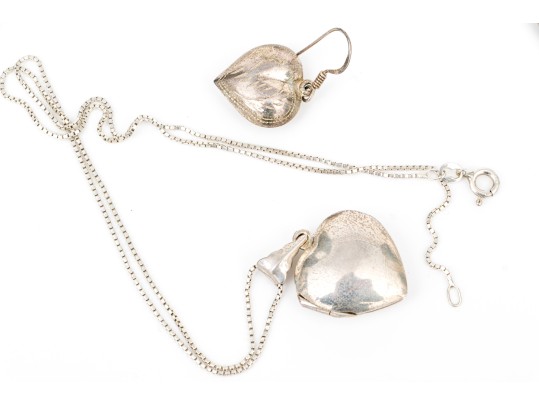 Sterling Silver Heart Motif Earrings With Complementary Heart Motif Locket, With Chain