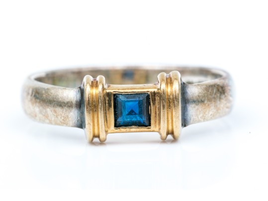 Tiffany & Co. Sterling Silver And 18k Ribbed Square Sapphire Ring, Size 6+