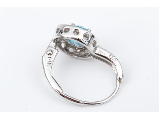 14k White Gold Beautiful Blue Topaz And Diamond Halo Drop Earrings