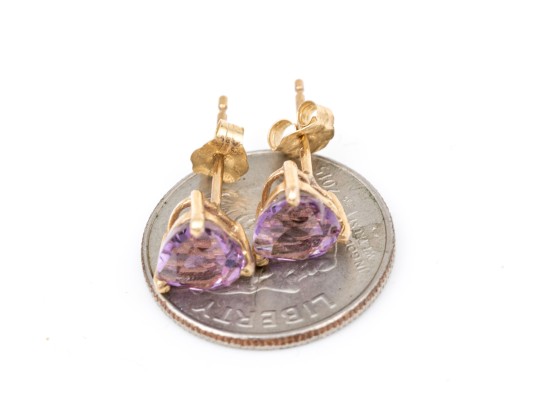14k Yellow Gold Simple Purple Amethyst Heart Stud Earrings, App. 1.20 TCW