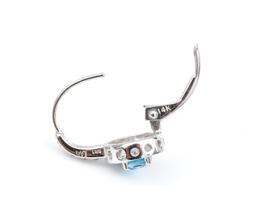 14k White Gold Beautiful Blue Topaz And Diamond Halo Drop Earrings