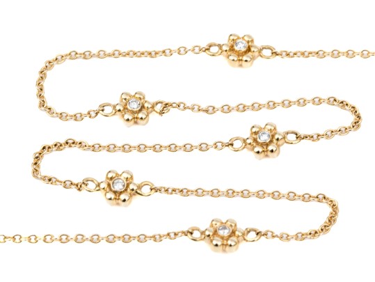14k Yellow Gold Pretty Diamond Set Flower Motif Station Necklace, App. 0.20 TCW