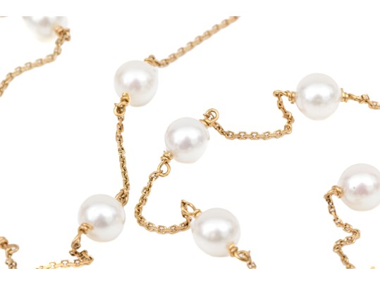 14k Yellow Gold Elegant White Cultured Pearl Station Necklace