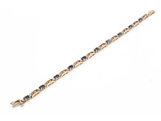 14k Yellow Gold Classic Oval Sapphire And Diamond Link Bracelet