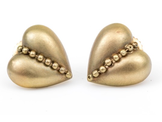 14k Yellow Gold Striking Matte Finished Heart Motif Earrings