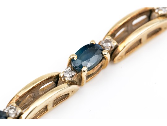 14k Yellow Gold Classic Oval Sapphire And Diamond Link Bracelet