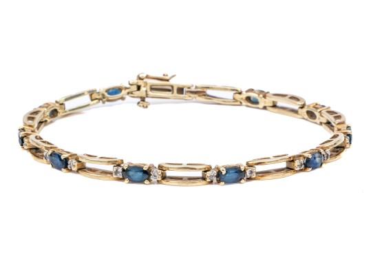 14k Yellow Gold Classic Oval Sapphire And Diamond Link Bracelet