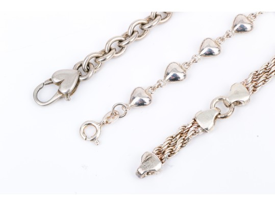Sterling Silver Collection Of Three Heart Motif Link Bracelets