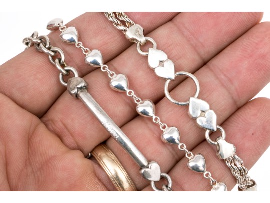 Sterling Silver Collection Of Three Heart Motif Link Bracelets