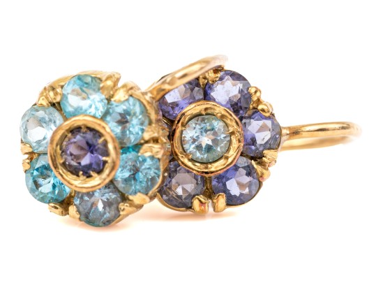 18k Yellow Gold Striking Blue Sapphire And Blue Topaz Halo Cluster Pendant Earrings
