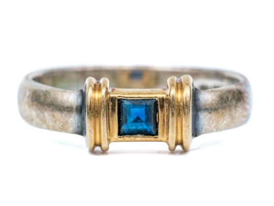 Tiffany & Co. Sterling Silver And 18k Ribbed Square Sapphire Ring, Size 6+
