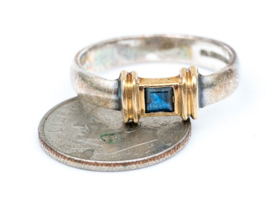 Tiffany & Co. Sterling Silver And 18k Ribbed Square Sapphire Ring, Size 6+