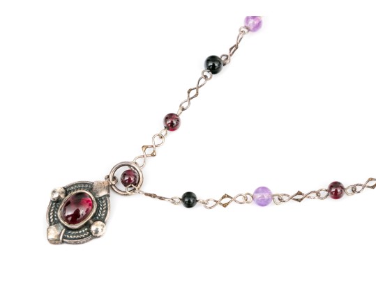 Sterling Silver Black Onyx, Garnet And Amethyst Bead Necklace, Finished With A Garnet Pendant
