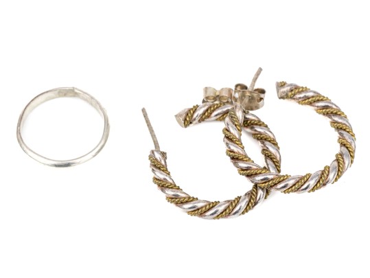 Sterling Silver Twisted Round Hoop Earrings And Plain Band Ring, Size 4.5