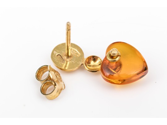 18k Yellow Gold Handsome Amber Heart Motif Drop Earrings