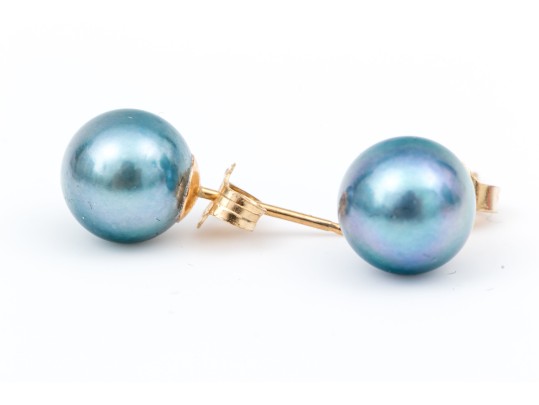14k Yellow Gold Chic Black 7.75 Mm Cultured Pearl Earrings