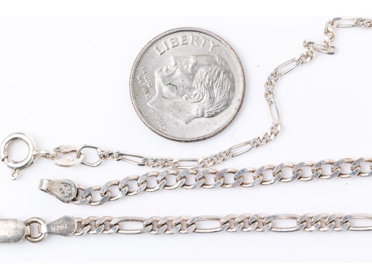 Sterling Silver Collection Of Figaro And Curb Link Bracelets, With Necklace