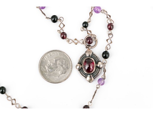 Sterling Silver Black Onyx, Garnet And Amethyst Bead Necklace, Finished With A Garnet Pendant