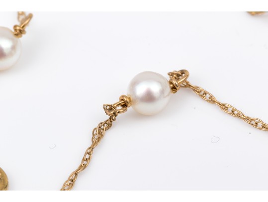 14k Yellow Gold Pretty White Cultured Freshwater Pearl Station Necklace