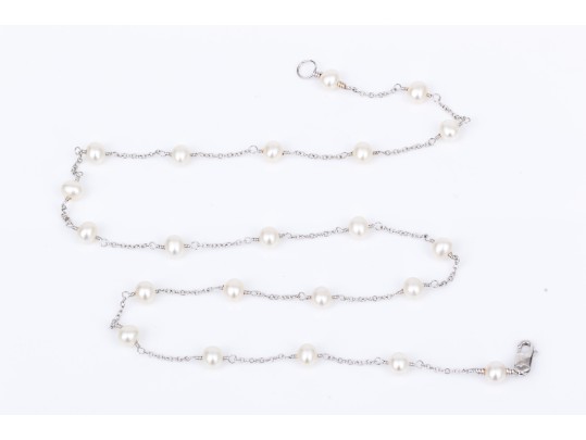 14k White Gold Pretty White Cultured Freshwater Pearl Station Necklace