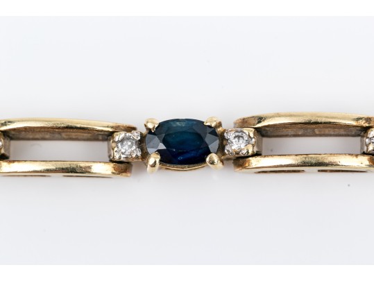14k Yellow Gold Classic Oval Sapphire And Diamond Link Bracelet