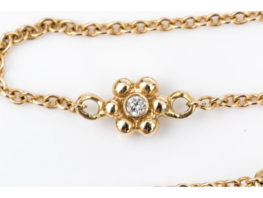 14k Yellow Gold Pretty Diamond Set Flower Motif Station Necklace, App. 0.20 TCW