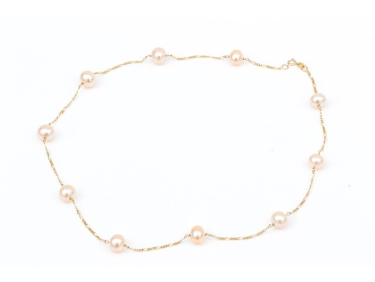 14k Yellow Gold Striking Champagne Cultured Freshwater Pearl Station Necklace