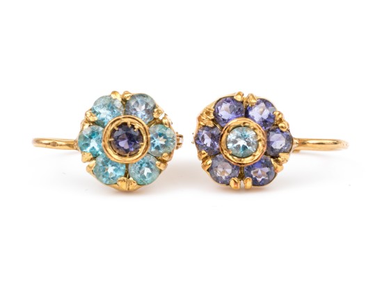 18k Yellow Gold Striking Blue Sapphire And Blue Topaz Halo Cluster Pendant Earrings
