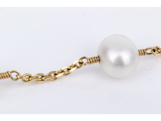 14k Yellow Gold Chic White Cultured Freshwater Pearl Station Choker Necklace