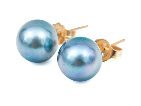 14k Yellow Gold Chic Black 7.75 Mm Cultured Pearl Earrings