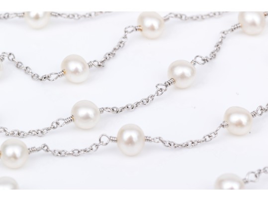 14k White Gold Pretty White Cultured Freshwater Pearl Station Necklace