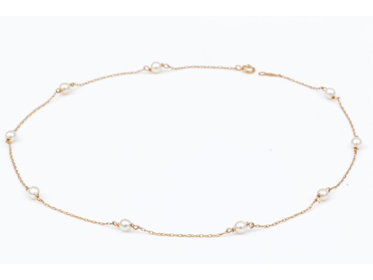 14k Yellow Gold Pretty White Cultured Freshwater Pearl Station Necklace
