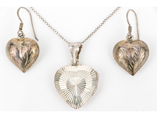 Sterling Silver Heart Motif Earrings With Complementary Heart Motif Locket, With Chain