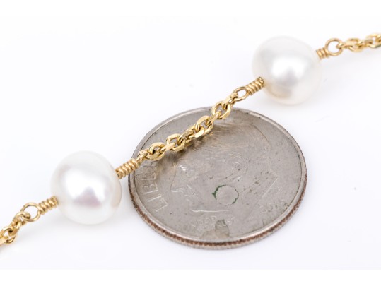 14k Yellow Gold Chic White Cultured Freshwater Pearl Station Choker Necklace