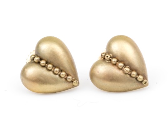 14k Yellow Gold Striking Matte Finished Heart Motif Earrings
