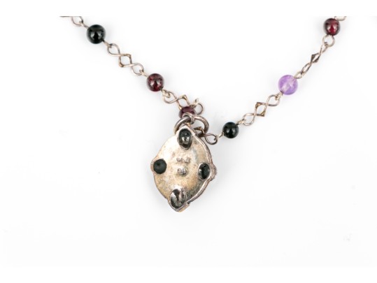 Sterling Silver Black Onyx, Garnet And Amethyst Bead Necklace, Finished With A Garnet Pendant