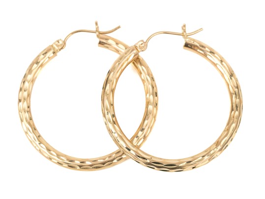 14k Yellow Gold Striking Diamond Cut Round Hoop Earrings