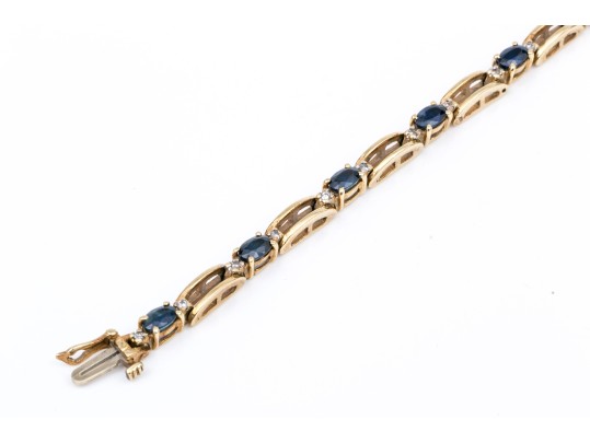 14k Yellow Gold Classic Oval Sapphire And Diamond Link Bracelet