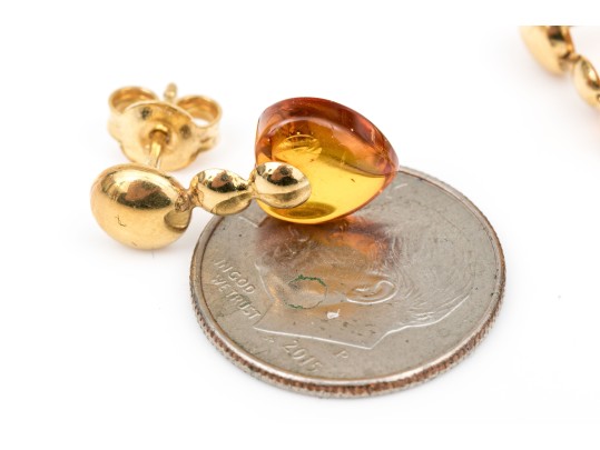 18k Yellow Gold Handsome Amber Heart Motif Drop Earrings