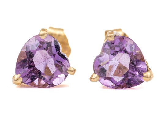 14k Yellow Gold Simple Purple Amethyst Heart Stud Earrings, App. 1.20 TCW