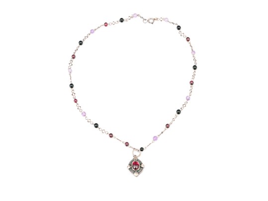 Sterling Silver Black Onyx, Garnet And Amethyst Bead Necklace, Finished With A Garnet Pendant