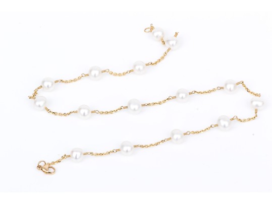 14k Yellow Gold Chic White Cultured Freshwater Pearl Station Choker Necklace