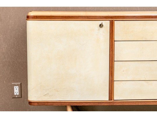 1940s Art Deco Midcentury Italian Walnut Burl And Leather Dry Bar Cabinet