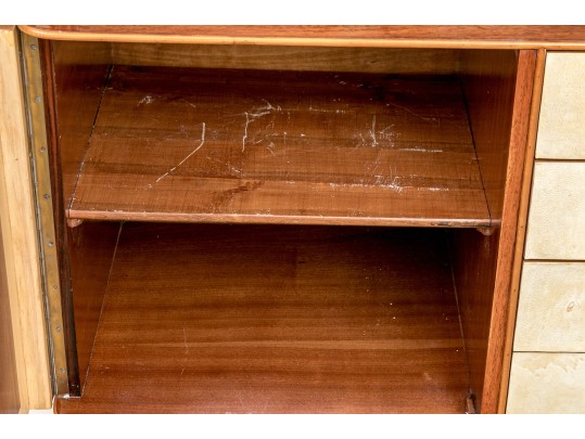 1940s Art Deco Midcentury Italian Walnut Burl And Leather Dry Bar Cabinet