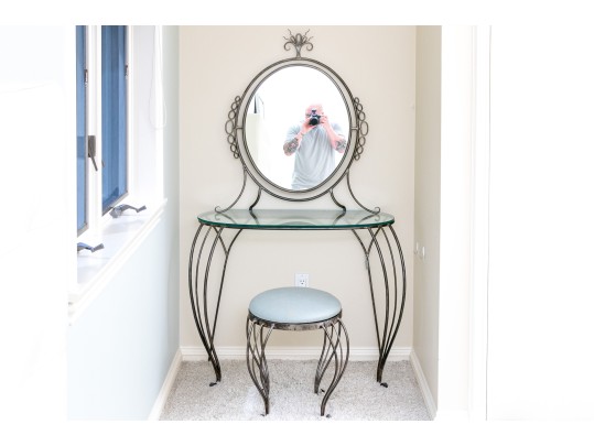 Elegant Iron Glass Top Vanity And Stool