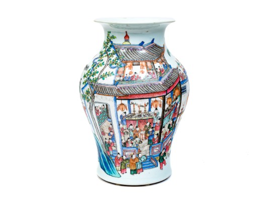 Chinese Famille Rose Enameled Porcelain Baluster Vase, Procession Motif