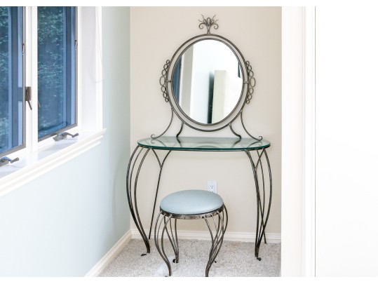 Elegant Iron Glass Top Vanity And Stool