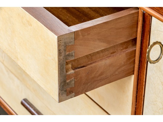 1940s Art Deco Midcentury Italian Walnut Burl And Leather Dry Bar Cabinet